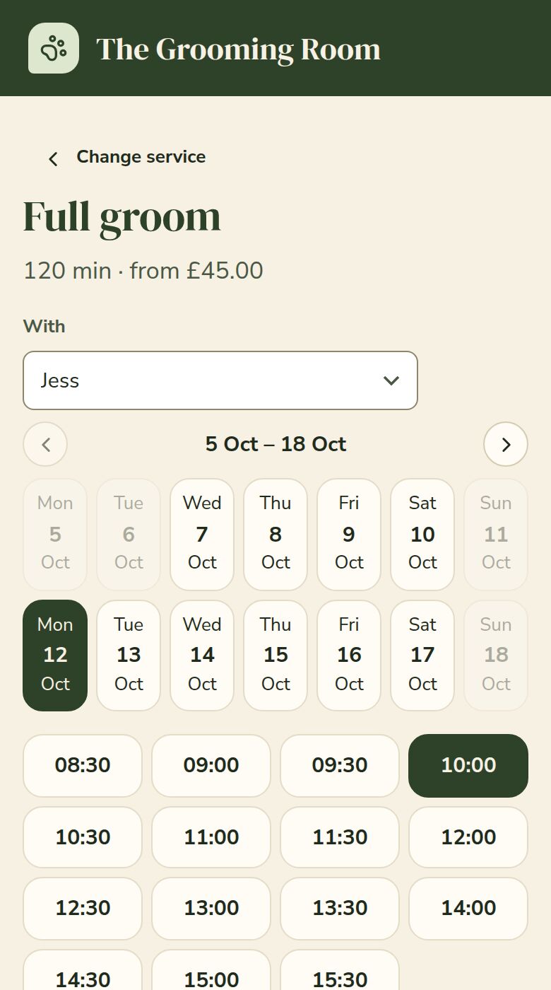 The online booking page on a phone, with a client choosing Jess and picking a free time