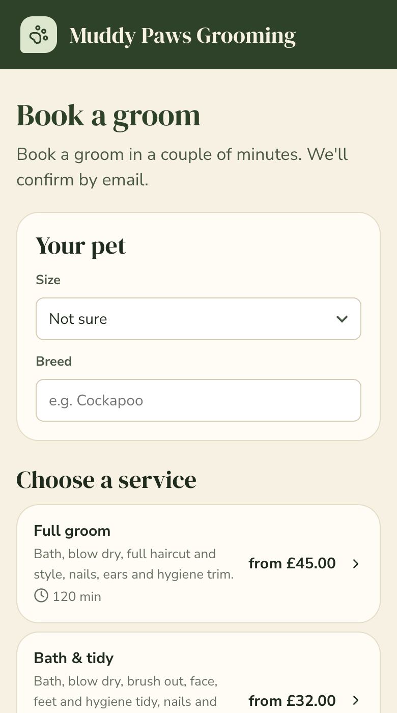 A business’s online booking page on a phone, with services and prices