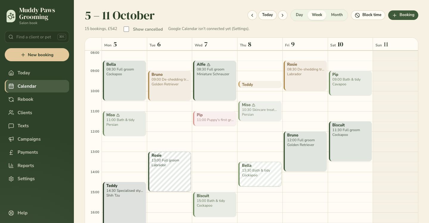 The week view of the diary, with each booking showing the pet, service and breed