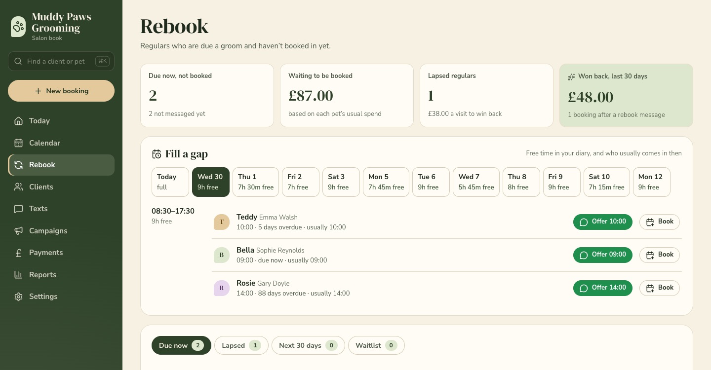 The Rebook page: pets that are due, what they’re worth, and the free slots to offer them