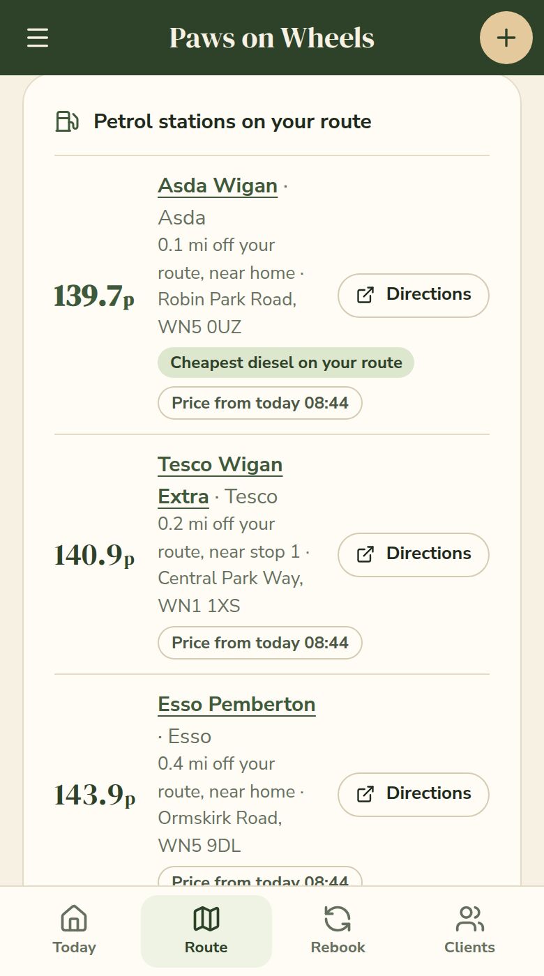 Petrol stations on the route with today’s diesel prices, cheapest first, and a Directions button for each