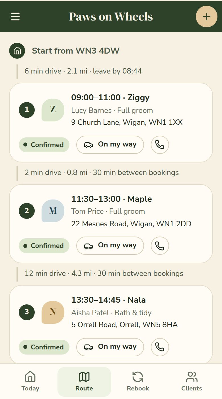 The day’s visits in order, with drive times between them and On my way and call buttons on each