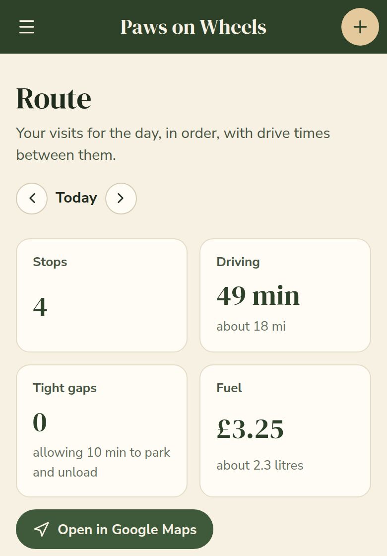 The Route page on a phone: 4 stops, 49 minutes of driving, no tight gaps and £3.25 of fuel for the day