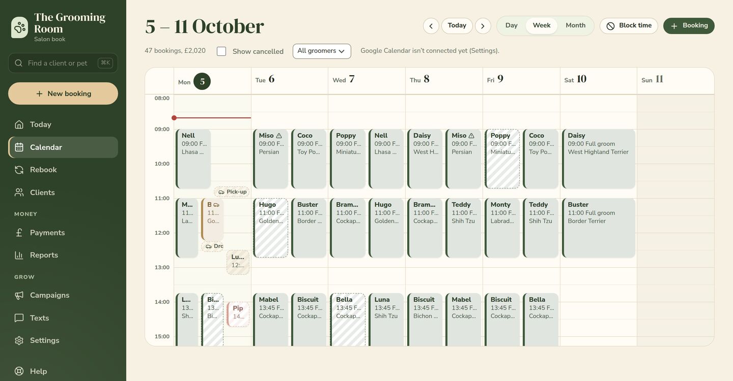 A week in the salon diary, with every groomer’s bookings side by side
