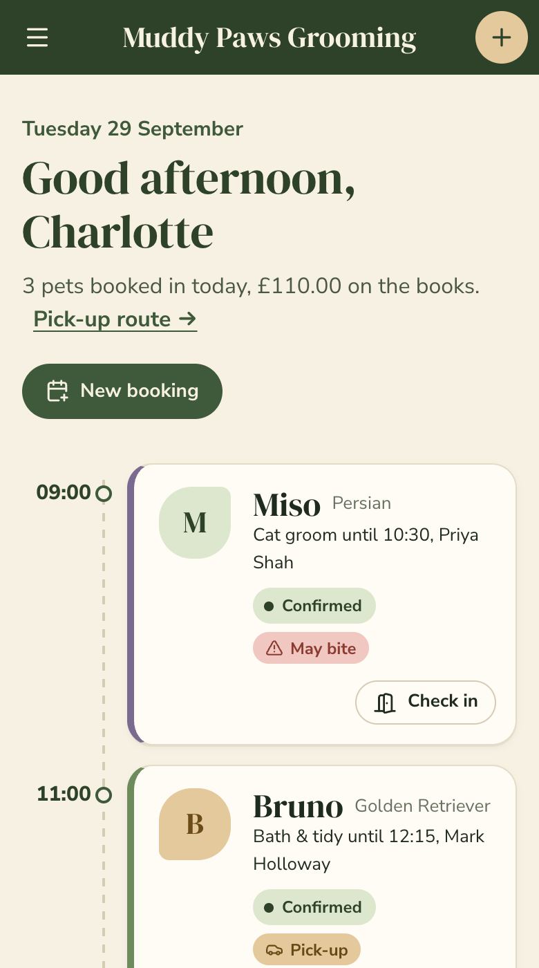 Today’s bookings on a phone, with behaviour warnings and pick-ups